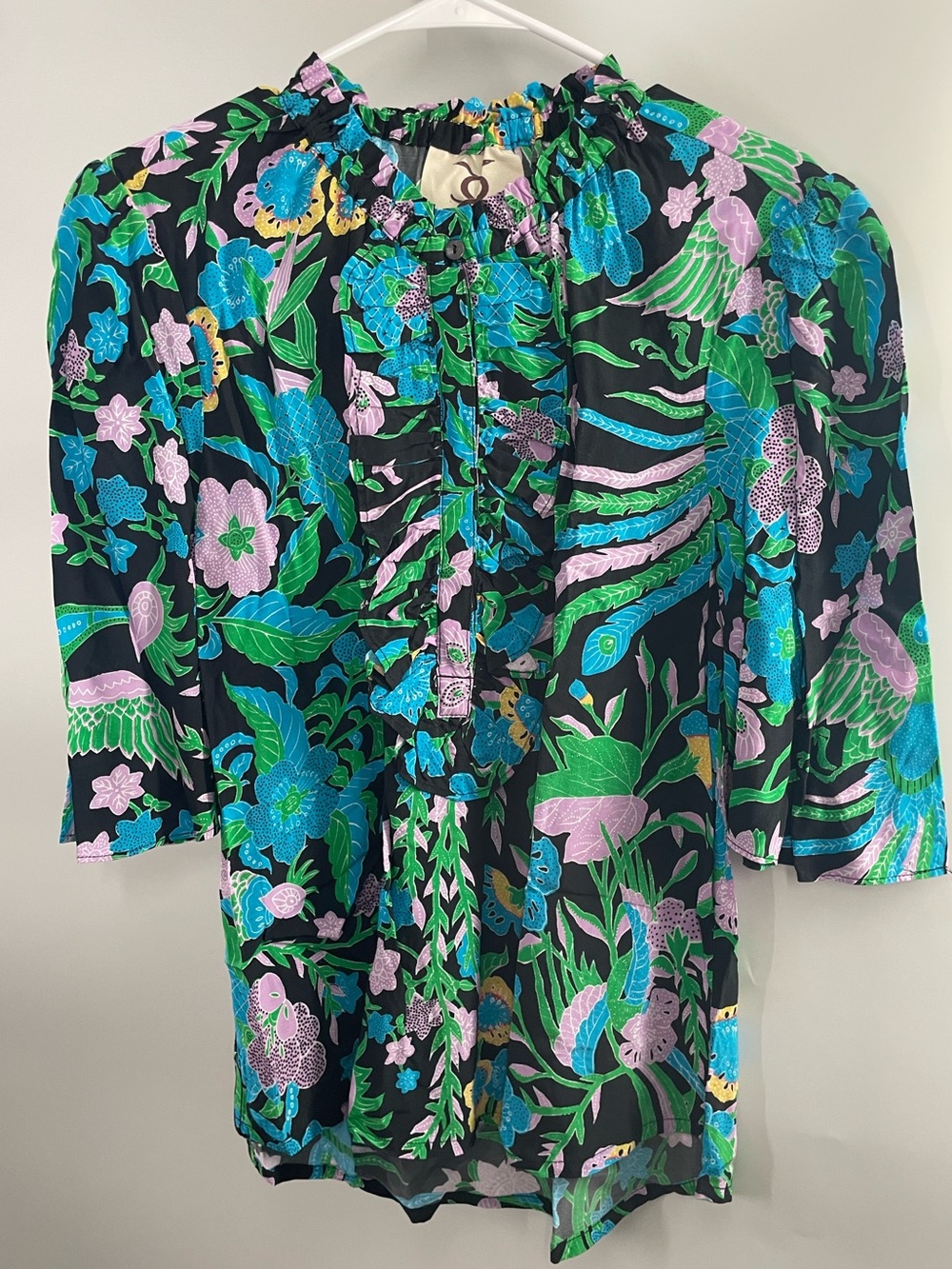 Figue NWT Floral Phoenix Pattern Viscose Flowy Short Sleeve Half Button Blouse